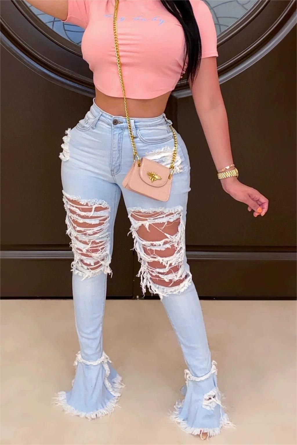 Distressed Raw Edge Ripped Flared Trousers