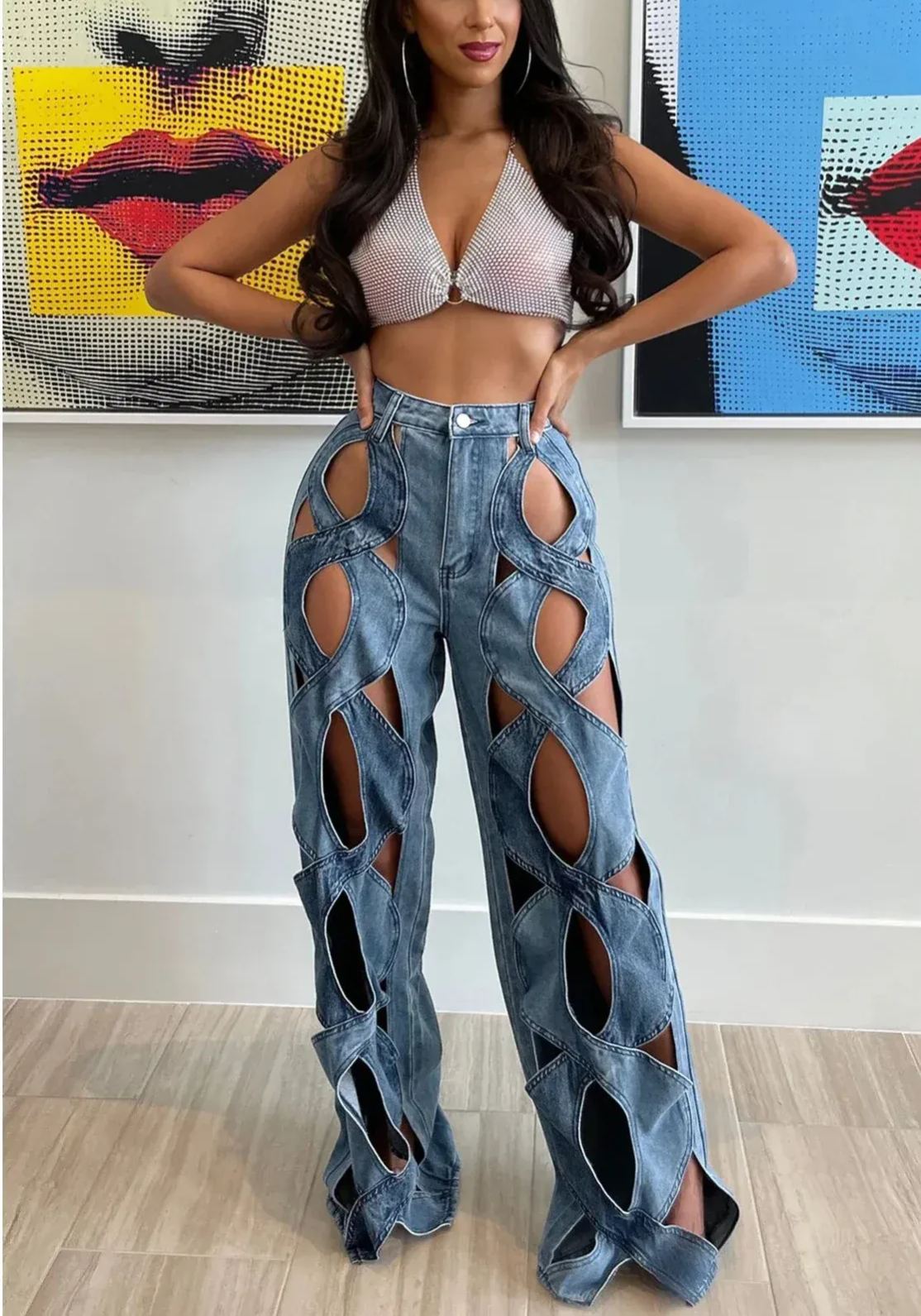 Women's Vintage Cut Hollow Open Front Criss Cross Straight Jeans (Buy 2 Free Shipping)